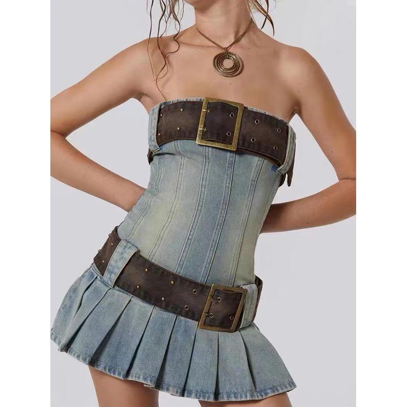Jaded London Millennium Sexy Retro Super Wide Detachable Belt Pleated Denim Tube Top Dress Women