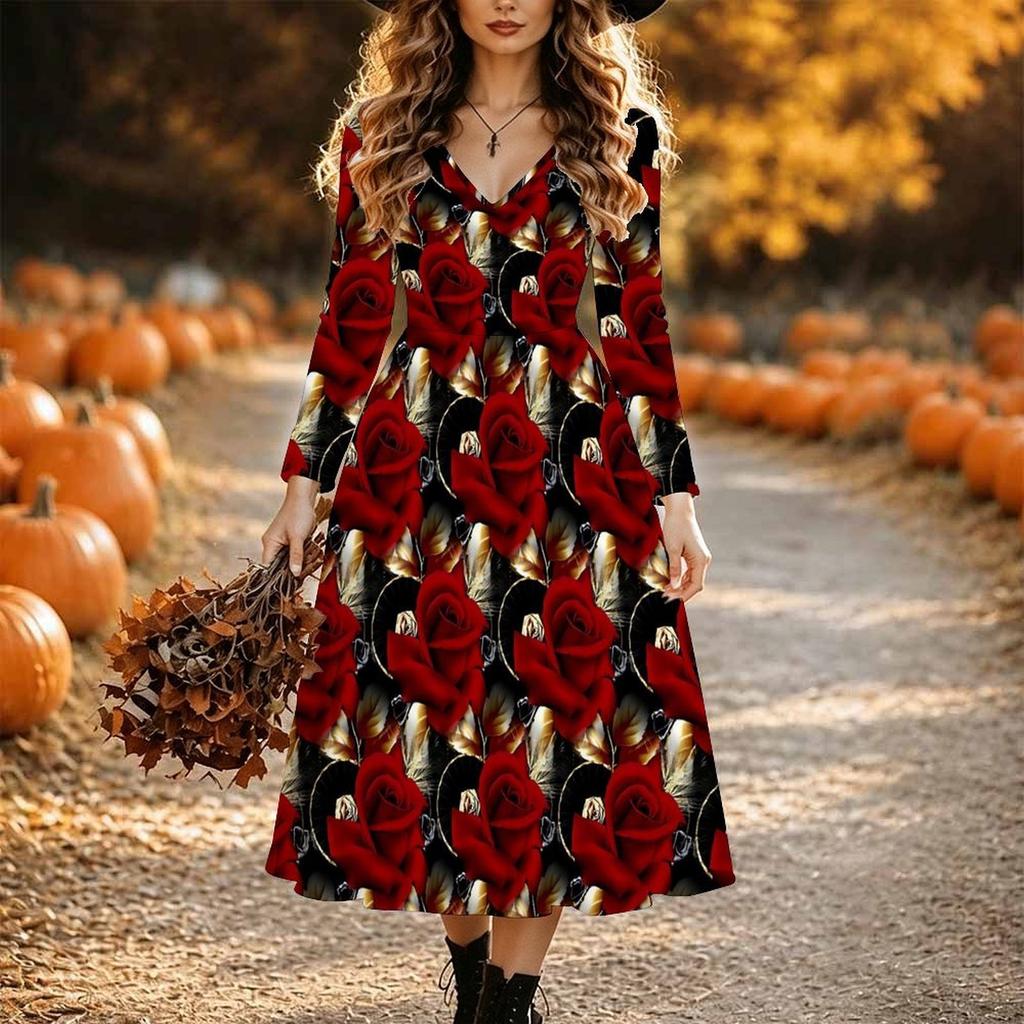 Halloween Women's Vintage Floral Print Midi Dress A Line Dress Vacation Casual Daily Regular Fit Long Sleeve V Neck Black Spring Fall