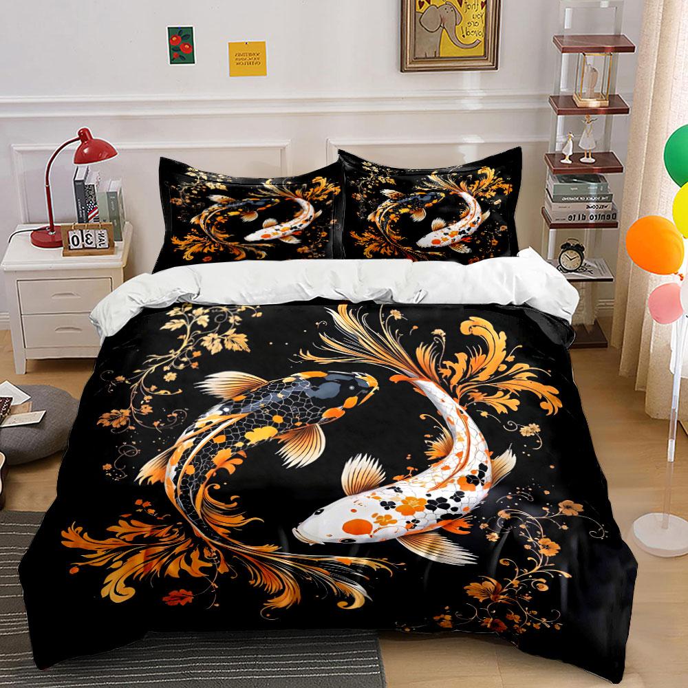 Koi Fish Decorative Art Set Soft Comfortable Duvet Cover Bedding Set Included 1*Duvet Cover & 2*Pillowcases, Gift