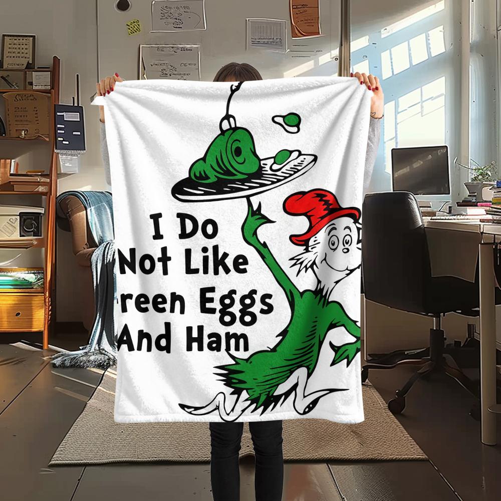 1PC Green Eggs and Ham Print Flannel Blanket, High quality All Seasons, Home Decor, Warmth and Comfort, Perfect for Christmas Gifts