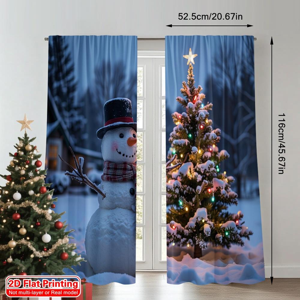 2pcs 2D Flat Printing Merry Christmas Popular Window Curtains Winter Snowman Christmas Tree Polyester Without Electricity Party