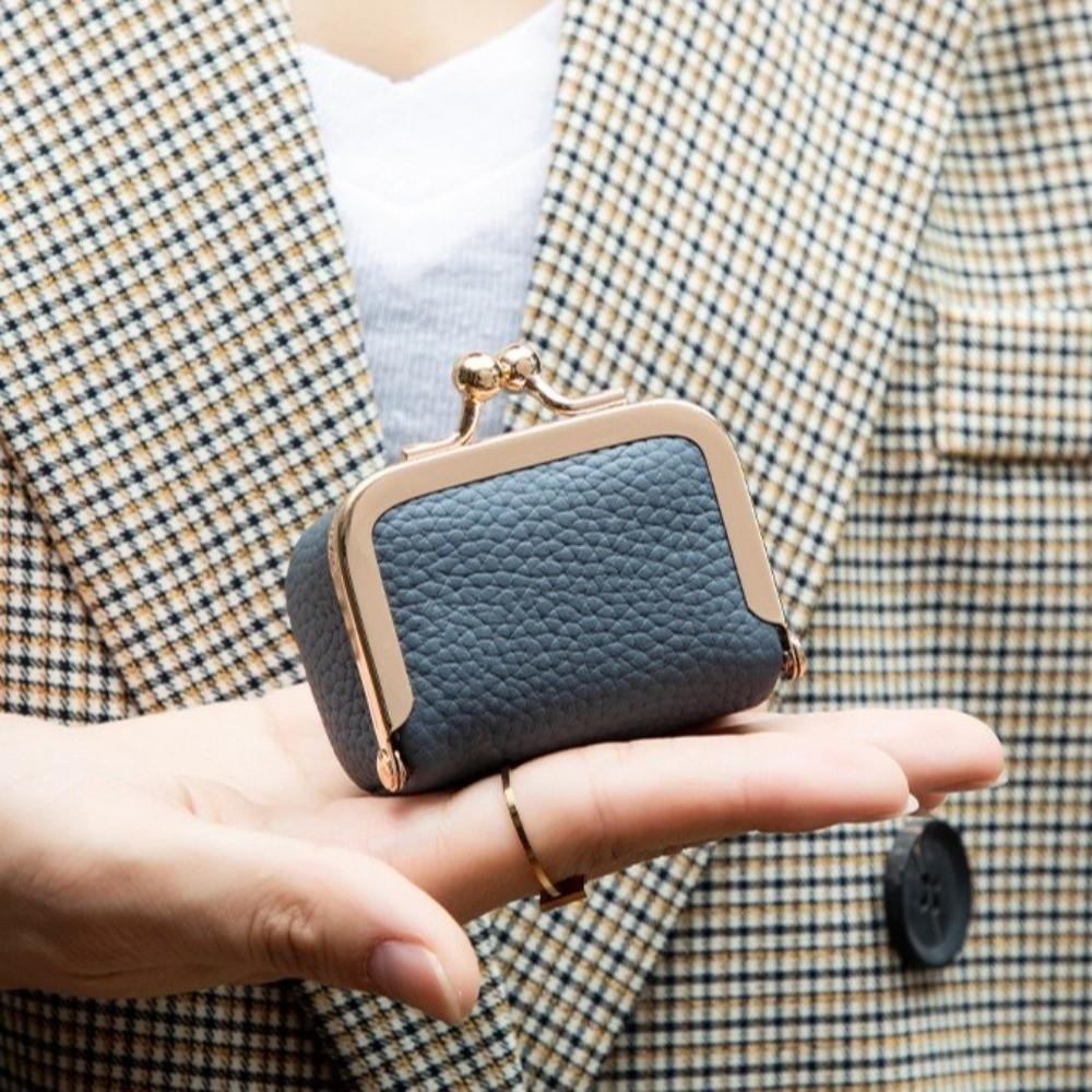 Solid Color Kiss Lock Coin Purse Genuine Leather Small Item Bag Leather Jewelry Bag  Earrings