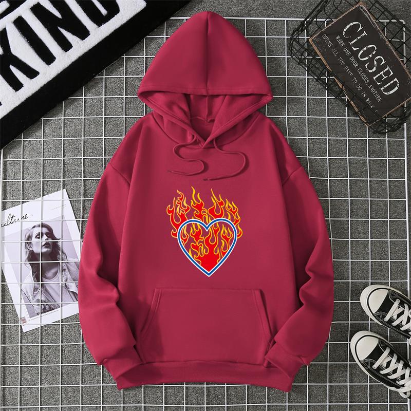 Love Fire Graphic Print Hoodie Pure Cotton High Quality Loose Shoulder Hooded Sweater Trend Fashion Sweatshirt
