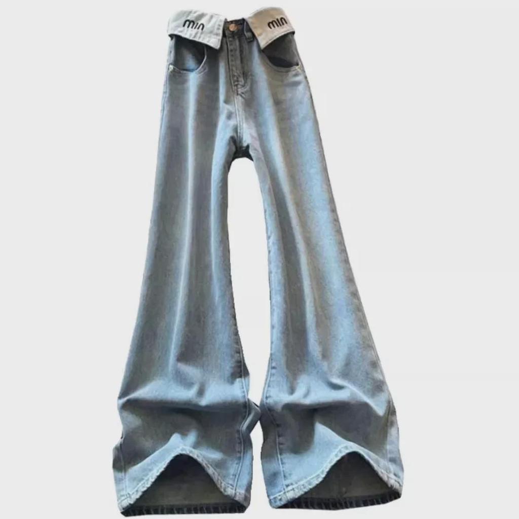 Dámské letní džíny s vysokým pasem a širokými nohavicemi - Světle modré, délka ke kotníkům, ohrnutý design