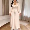 Women Summer Satin V-Neck Dress Elegant Long Gown with Puff Sleeves & Cinched Waist
