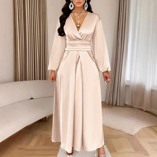 Women Summer Satin V-Neck Dress Elegant Long Gown with Puff Sleeves & Cinched Waist