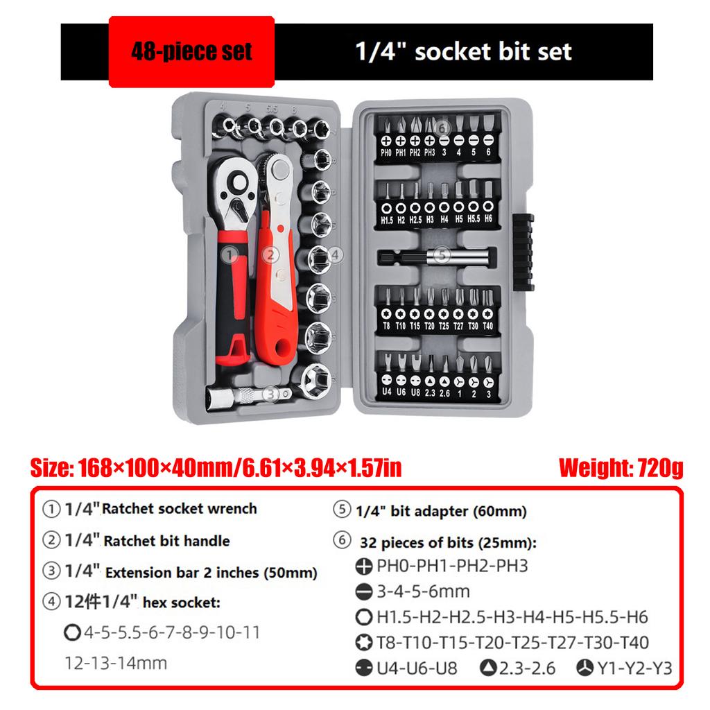 48-teiliges Schnell 1/4 Steckschlüssel Knarrenset Sechskant Autoreparaturwerkzeug Schraubenschlüssel Knarrenset Griff Professionelles Arbeits-Handwerkzeug