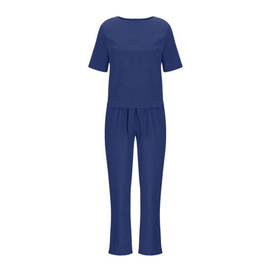 2 Pcs/Set Women Top Pants Set Round Neck Solid Color Short Sleeves T-shirt Lace-up