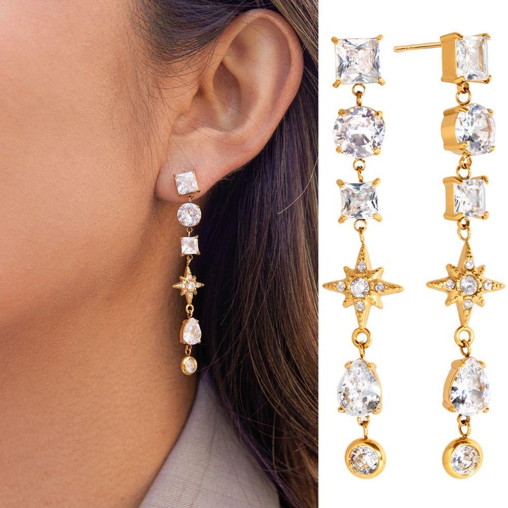 18K Gold Plated Women Dangle Earrings Geometric Fashion Accessory Tassel Earrings Stainless Steel Crystal Zircon Earrings