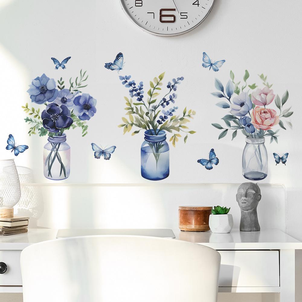 Romantic Purple Flowers Green Plant Vase Butterfly Bedroom Living Room Home Decoration Wall Stickers
