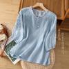 Blusa a Maniche a Tre Quarti Ricamata in Cotone e Lino Letteraria Retro T-shirt in Cotone e Lino Ampia Casual Versatile