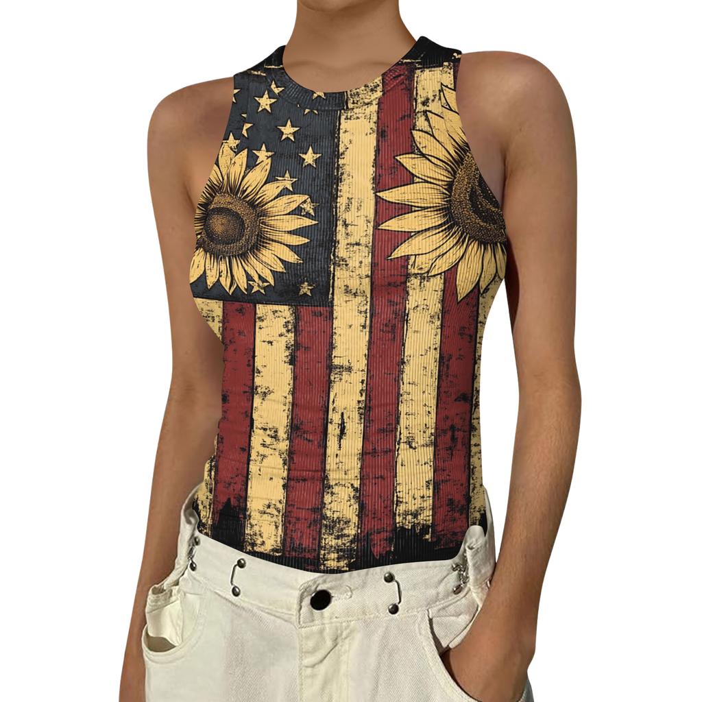Women's Fashion Round Neck Independence Day Print Sleeveless Vest Top