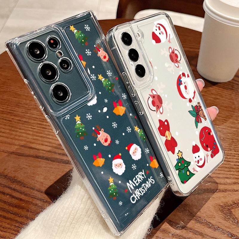 Merry Christmas Elk Santa Tree Pattern Clear Case For Samsung S24 Ultra S23 FE A55 A54 A34 A35 A52 Soft Silicone Shockproof Transparent Phone Cover