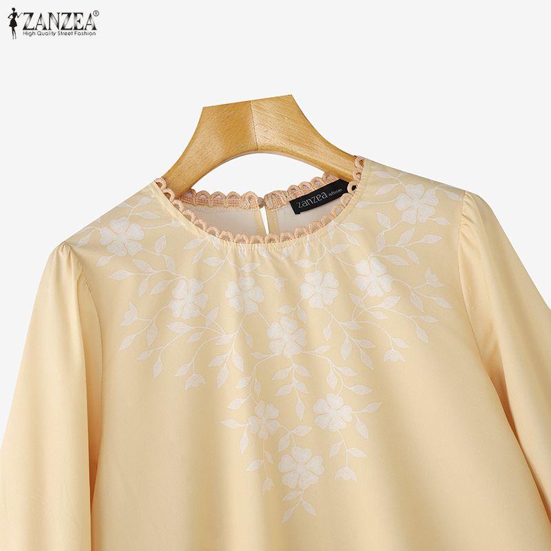 ZANZEA Damska luźna bluzka z nadrukiem, casualowa, z okrągłym dekoltem, z długim rękawem