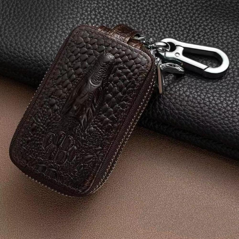 Genuine Leather Double Layer Car Key Case Crocodile Print Zipper Holder Keychain Organizer For Men Women Key Wallet Accessories