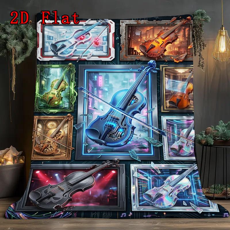 Futuristic Violin Variations 2D Flat Pattern Flannel Blanket, High Quality All Seasons, Home Decor, Warmth and Comfort, Perfect for Christmas Gifts.