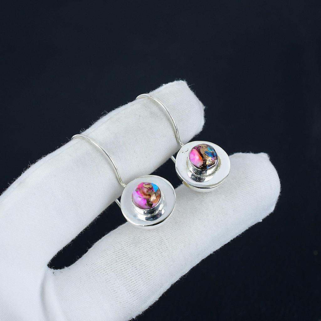 Natural Kingman Pink  Spiny Oyster Gemstone Earrings, 925 Sterling Silver Earring, Handmade Boho Silver Jewelry Dangle Earrings, Birthday Gift