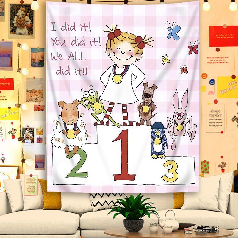Happy Everyday Tapestry Wall Hanging Cute Girl Umbrella Balloon Cartoon Quote Aesthetic Wall Art Bedroom Dorm Room Decor
