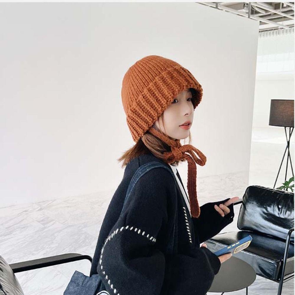 Wool Hat Crochet Basin Cap Warm Cap Knit Beanie Sweet Strap Knitted Hat  Apparel Accessories