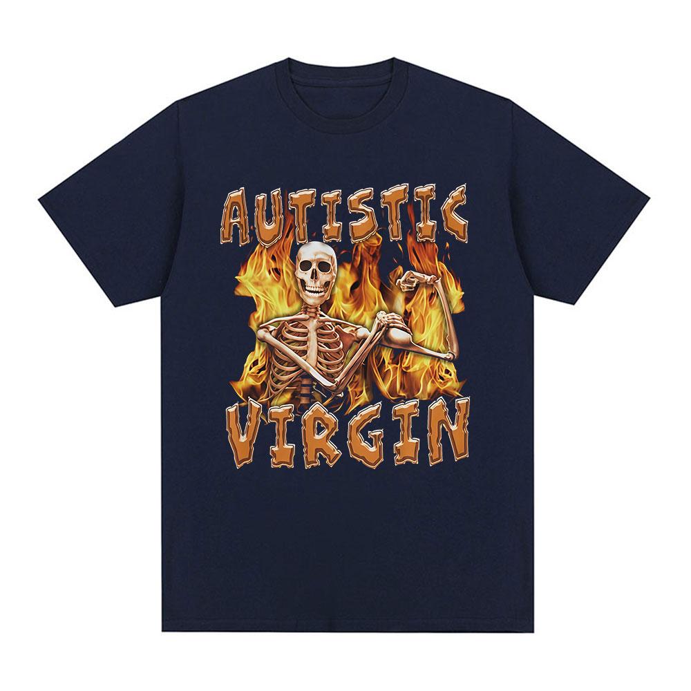 Autist Jungfrau Lustiger Skelett Autismus Meme T-Shirts Herrenbekleidung Vintage Gothic Kurzarm T-Shirt Baumwolle Oversized T-Shirt