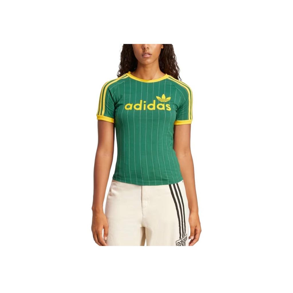 Adidas Originals Round Neck Striped Comfortable Casual Short Sleeve Raglan T-Shirt Women T-Shirts Academy-Green Gray-White JC7703