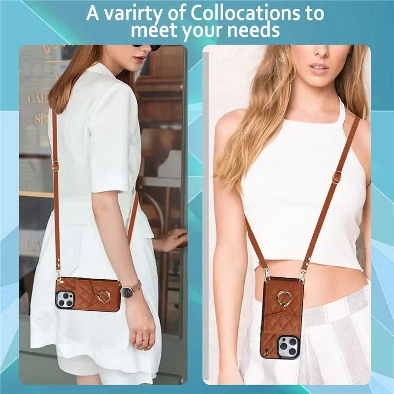 Crossbody Lanyard Leather Wallet Card Phone Case for iPhone 17 Air 16E 16 15 Pro Max 14 Plus 13 12 11 X XS XR Ring Flip Cover