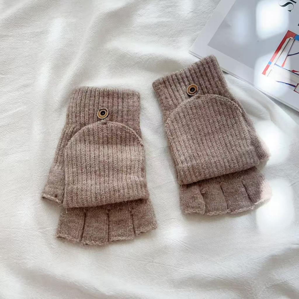 Solid Color Flip Gloves New Warm Solid Color Plus Velvet Writing Fingerless Simple Gloves