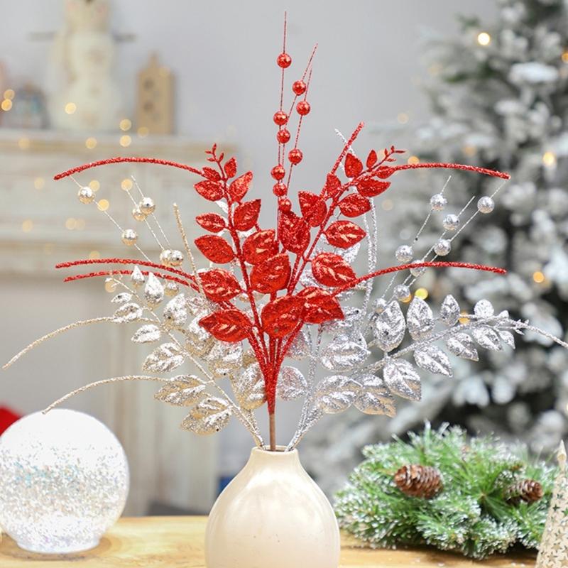 6Pcs Decorative Faux Leaves with Berries Gold Powder Coated Leaf and Berries Clusters for Creative Decoration