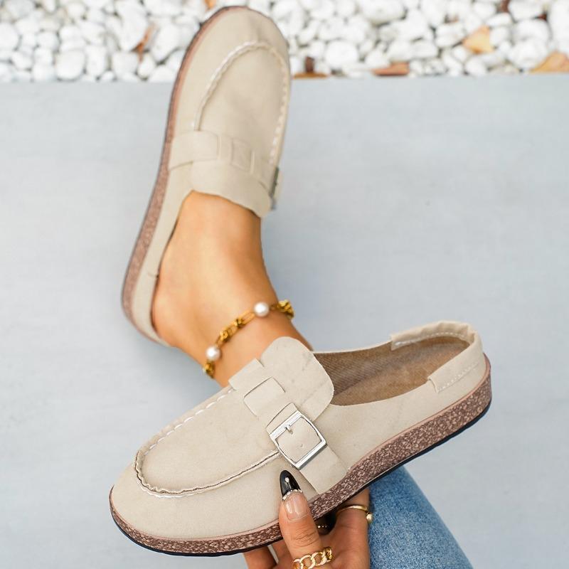 Round Toe Deep Mouth Metal Buckle Wrapped Slippers Winter New Scrub Suede Non-Slip Flat Half-Slip