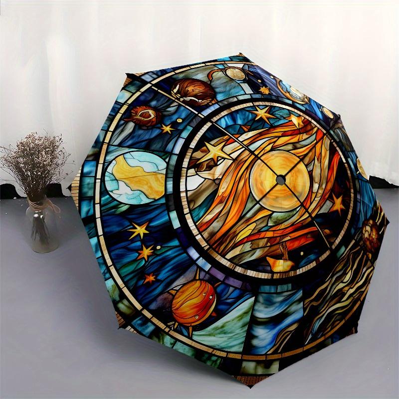 Stained Celestial Window Panel: Vibrant Solar System DesignUmbrella, Portable 3-Fold Compact Umbrella for Men & Women Gift