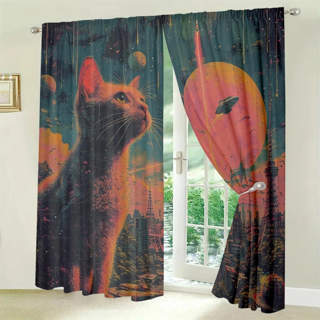 The War Between Cats and Humans Printed Curtain for Home Decor - Rod Pocket Window Treatment for Bedroom   Kitchen   Living Room