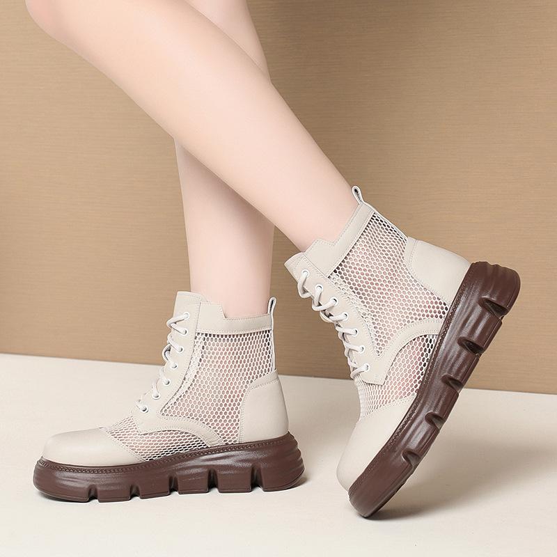 5cm Breathable Comfortable Thick Bottom Falt Paltform Shoes Women Ankle Boots Summer 2025 Cutout Mesh Leather Boots Office Mom