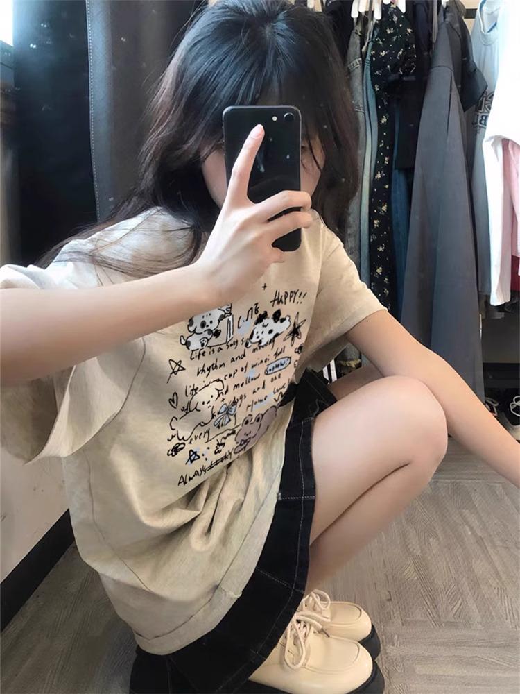 

Футболка свободного покроя с короткими рукавами и рисунком из хлопка для женщин - шикарный летний стиль Гонконга M (up to 100 lbs) светло-серый