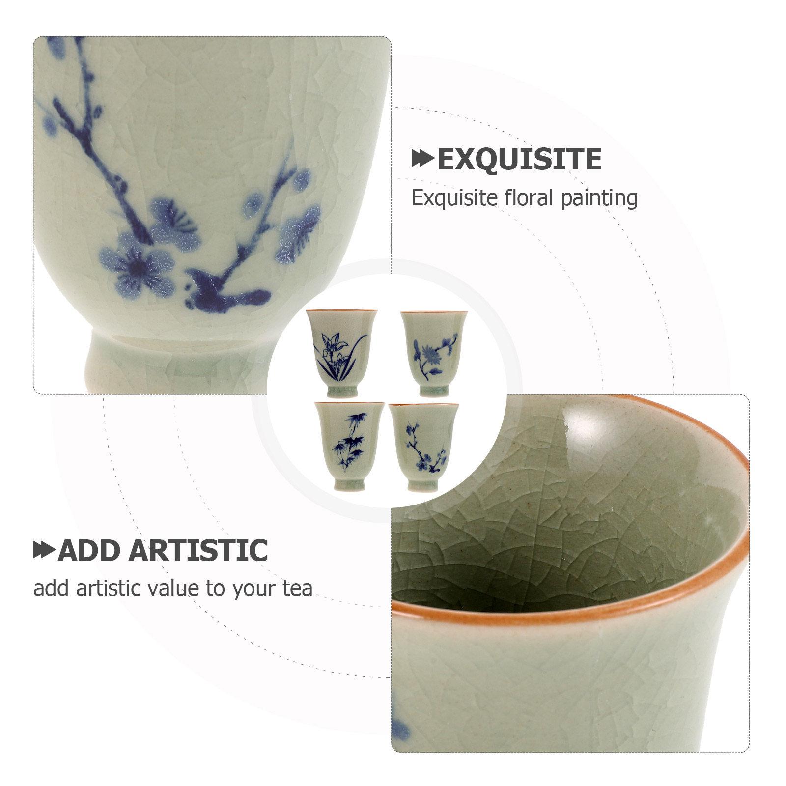 

4Pcs Chinese Tea Cups Set Traditional Ceramic Hand Painted Plum Orchid Bamboo Chrysanthemum Floral Design for Home Tea Table other