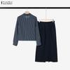 ZANZEA Women Splice Long Sleeve Blouse and Skirts Casual Two Piece Suit Sets