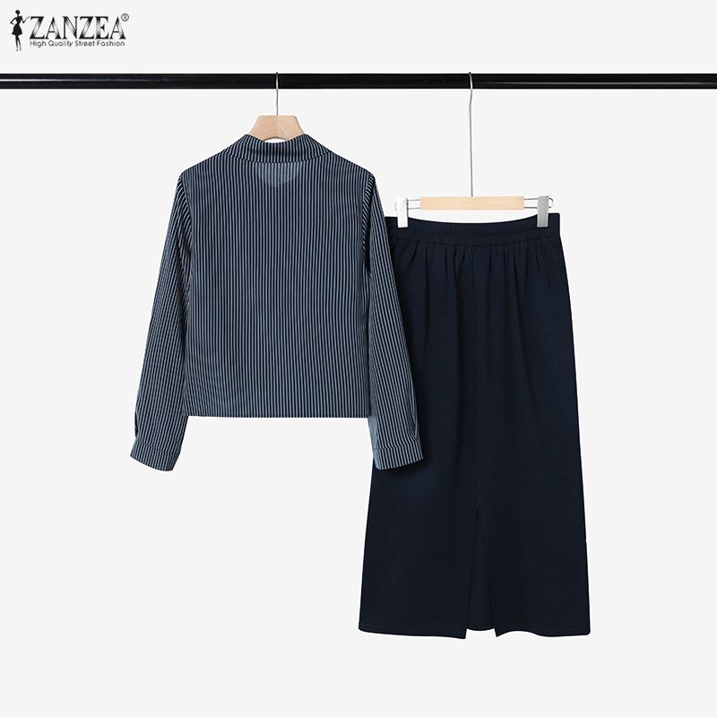 ZANZEA Women Splice Long Sleeve Blouse and Skirts Casual Two Piece Suit Sets