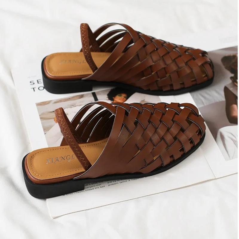 Handgefertigte Gewebte Mules Flache Sandalen Damen Sommer Lässig Große Größe Römische Schuhe Schmaler Riemen Slip-on Zehenbedeckung Gladiator Sandalen