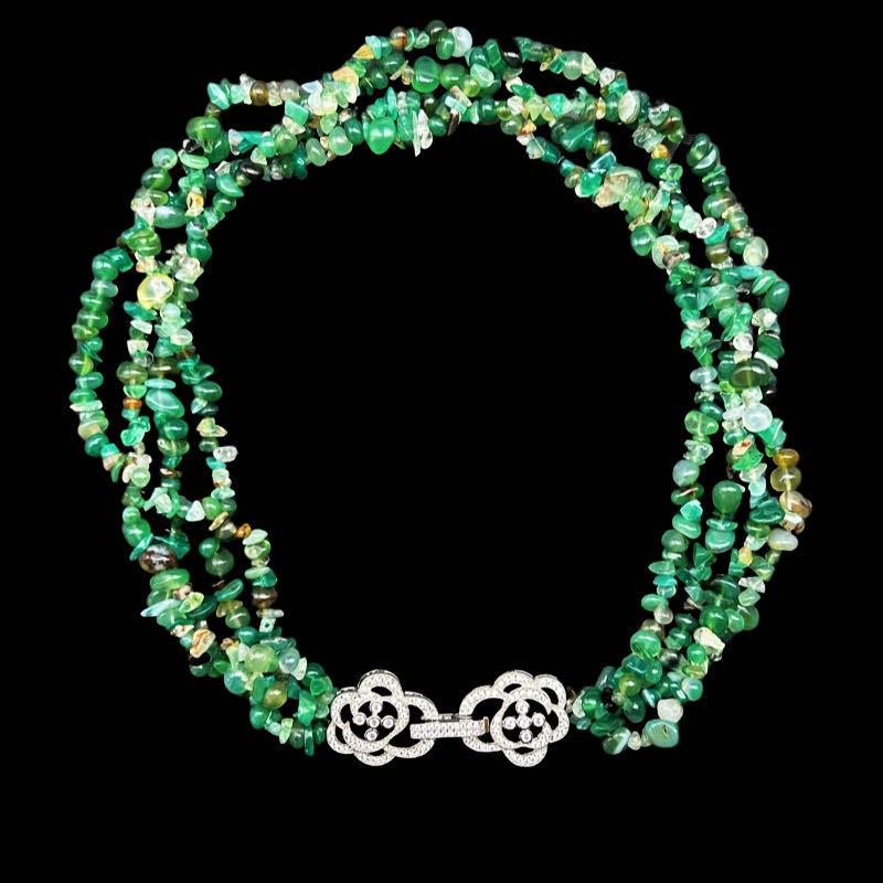 Vintage Bohemian Style Natural Gravel Multi-layer Premium Zirconium Flower Buckle Collarbone Chain Earring Set