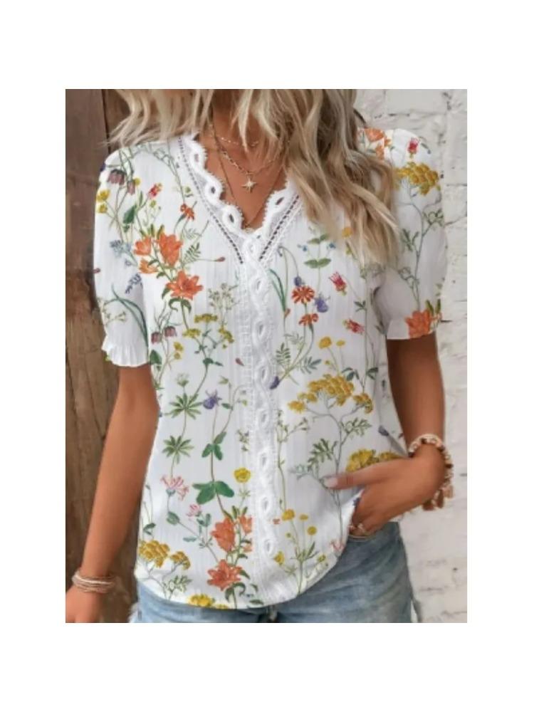 Elegant Blouse Printed Short Sleeve Shirts 2026 Summer Office LadyV Neck Lace Panel Shirt S-XXL