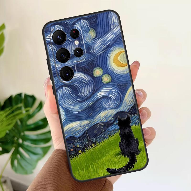 Cat Van Gogh's The Starry Night Soft Case For Samsung Galaxy S25 S21 S22 S23 S24 Ultra S9 S10 Plus S20 FE S24 FE Phone Cover