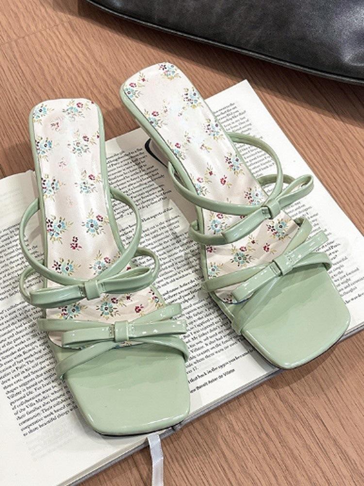 French Niche One-word with Open-toed Bow Slippers Women's Summer Wear High Heels Wedge Heel with Skirt