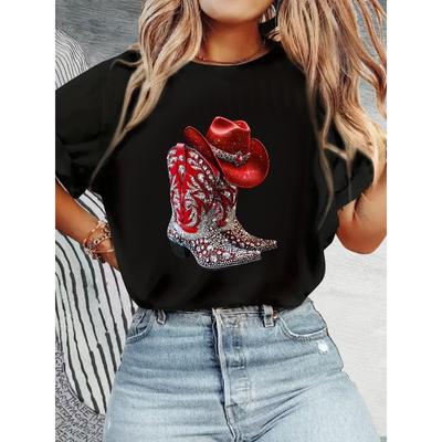 European Size Cowboy Boots Red Rhinestone Western Pattern For Country Dance And Party Crew Neck Tee for Casual Wear Short Sleeve for All Seasons