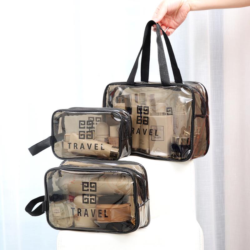 Transparent Three-Piece PVC Cosmetic Bag Set: Large, Frosted, Portable Storage for Women