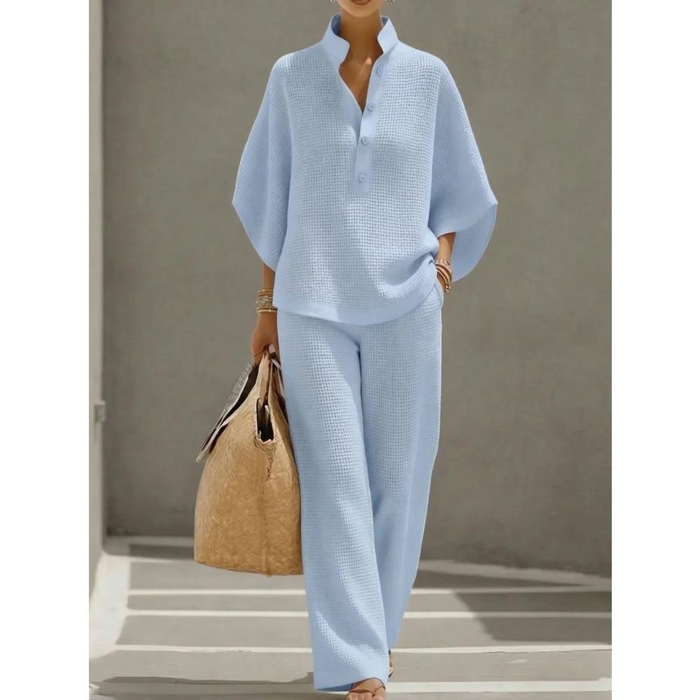 Women's Mandarin Collar Half Sleeve Button Up Shirt and Wide Leg Pants Casual Loungewear Set