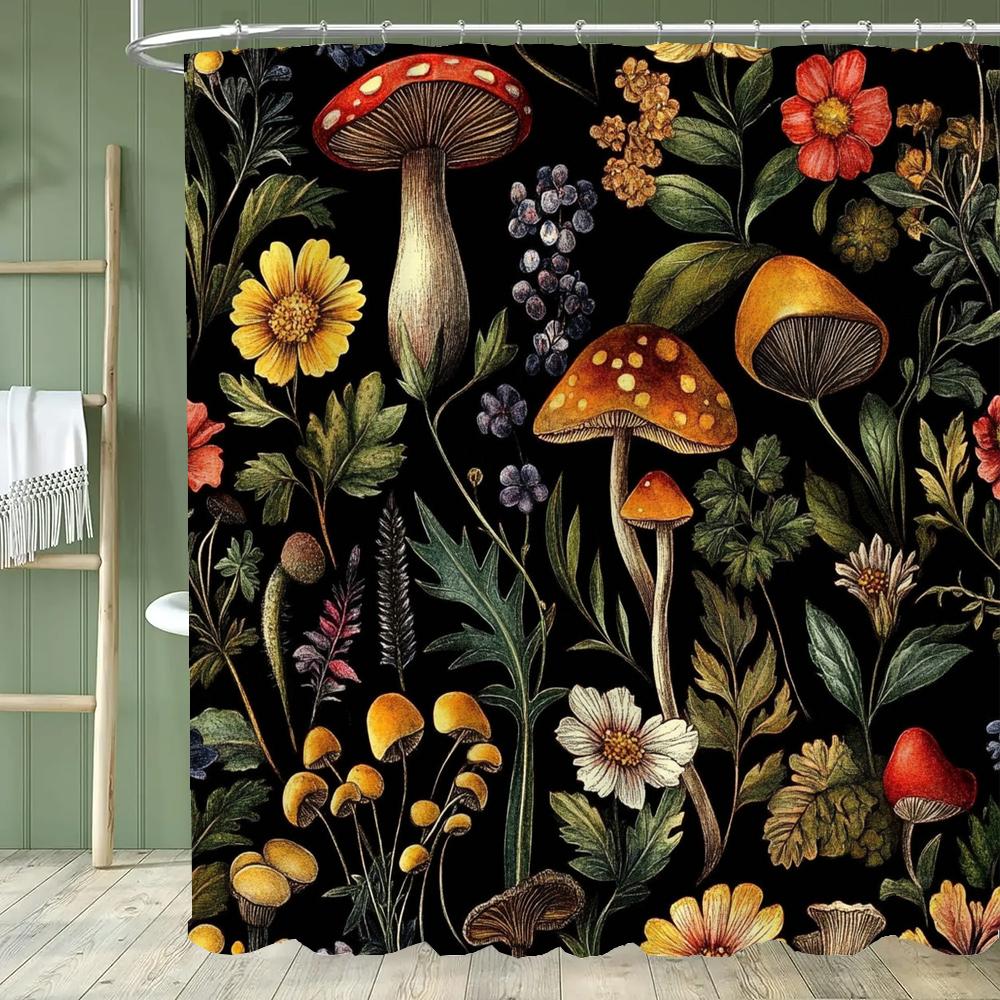Duschdraperi med Växter och Blommor och Svampar, Blommig Botanisk Vintage Bohemisk Stil Badrum Dekorativt Duschdraperi