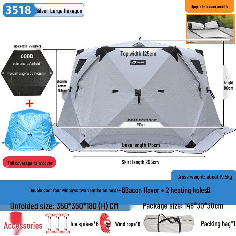 Hexagonal Cotton Ice Fishing Tent - Thickened, No Assembly Needed