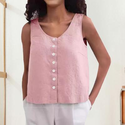 Women Summer Vest Round Neck Sleeveless Loose Fit Tops Solid Color Button Placket Design Tank Tops Streetwear