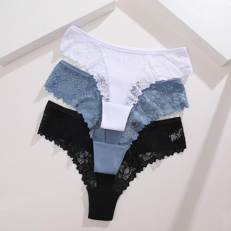 Women Cotton Panty Sexy Lace Thong Low Rise Transparent Underwear G-String Ribbed Intimates Breathable Lingerie