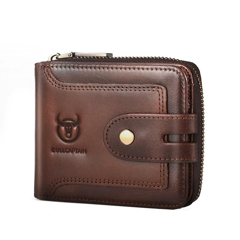 BULLCAPTAIN Men's Genuine Leather Short Zipper Wallet - Multi-Function Organizer with ID Card Holder | Premium Vintage Style