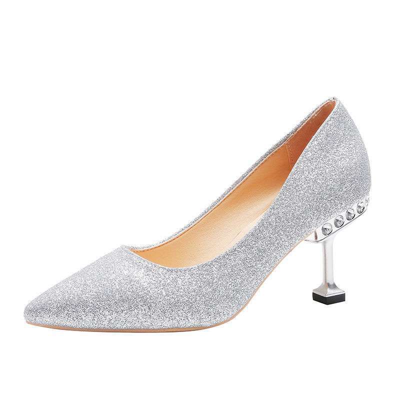 Wedding Shoes Women 2025 New Bridal Shoes Sequined Versatile Dress High Heels Stiletto Low Heels Wedding Shoes Crystal Shoes